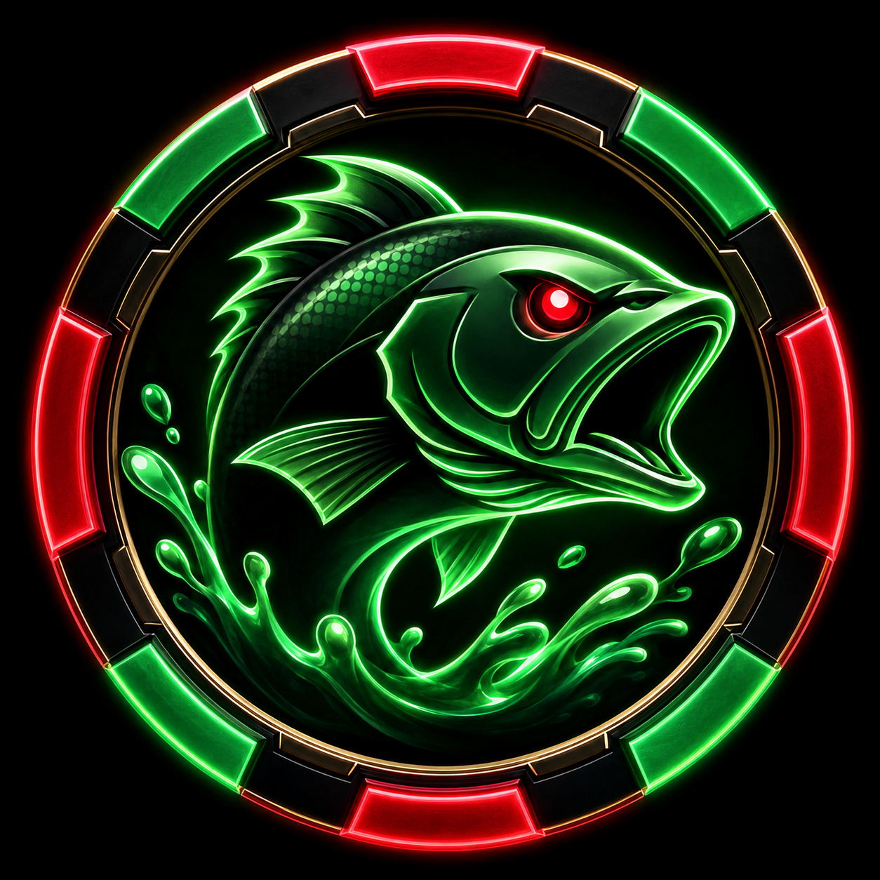 Biểu tượng cá neon xanh đỏ trong khung chip